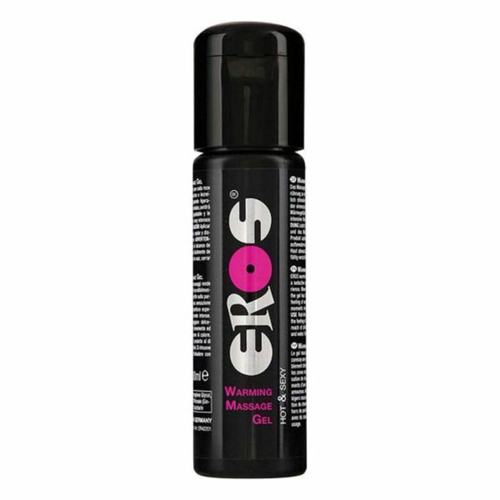 Eros Warming Massage Gel in zwarte fles met zilveren logo en roze cirkel.