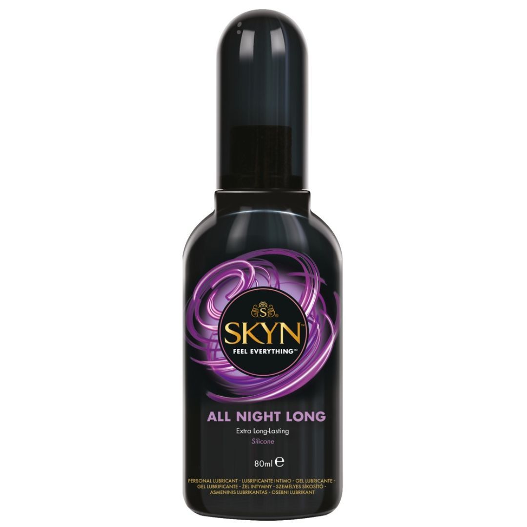 Lubrifiant SKYN All Night Long dans une bouteille noire avec distributeur à pompe. 80ml.