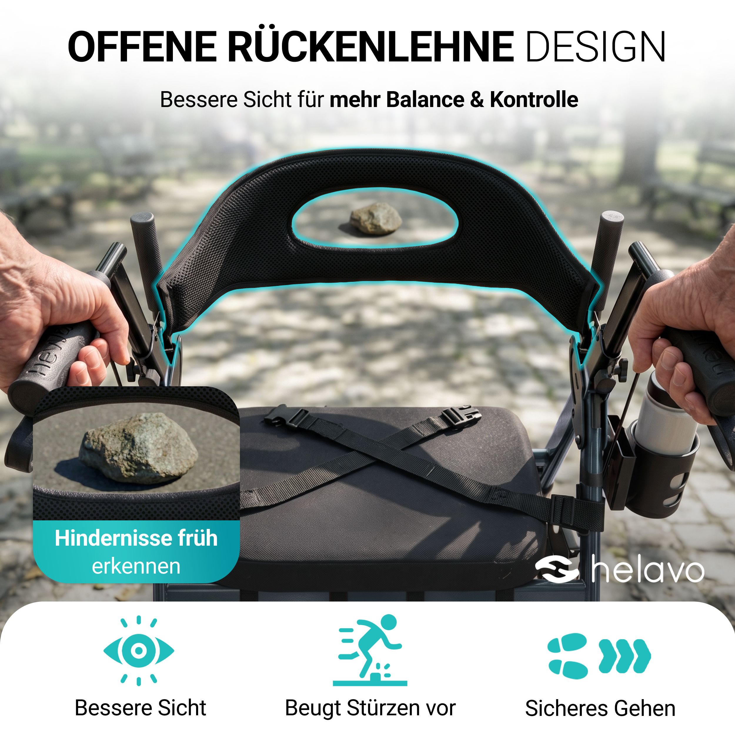 Gros plan du dossier ouvert d'un rollator, permettant une meilleure visibilité et contrôle.
