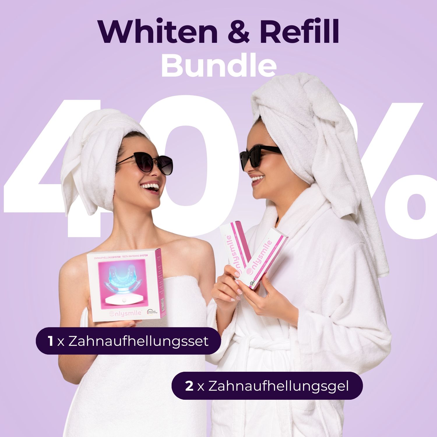 Deux femmes avec serviettes et lunettes de soleil. L'une tient un kit, l'autre du gel. Texte: Whiten & Refill Bundle.