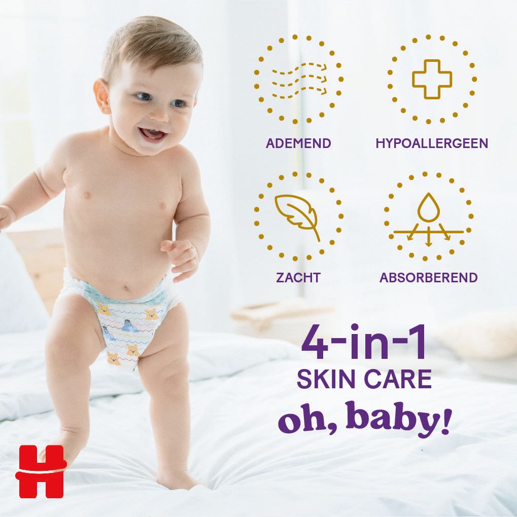 Bébé avec couche. Soin de la peau 4-en-1. Symboles respirant, hypoallergénique, doux et absorbant. Texte: oh, baby!