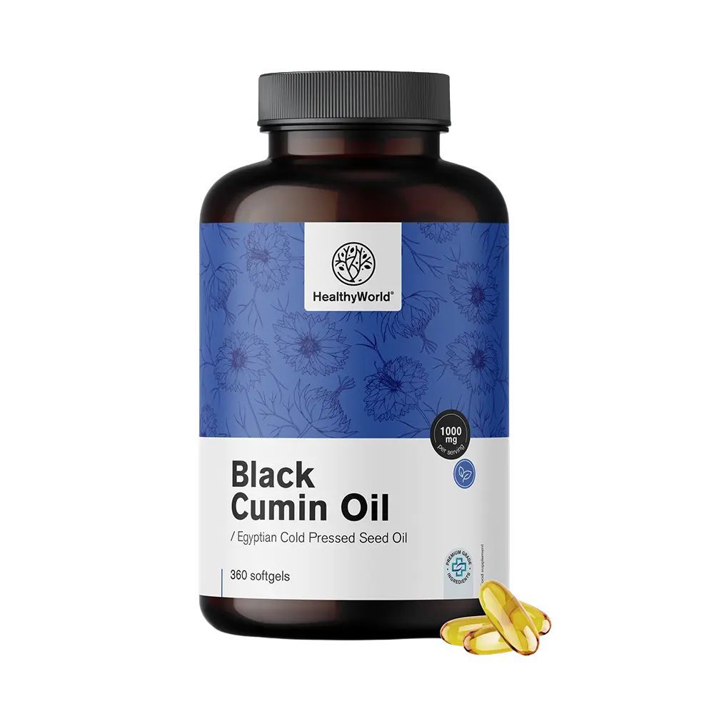 Flacon brun de capsules. Inscription: HealthyWorld, Black Cumin Oil, 1000 mg. Quelques capsules sont à côté.