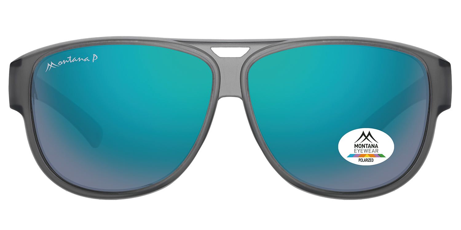 Grijze zonne-overbril met blauwgroene glazen. Montana Eyewear logo op montuur en glas. Gepolariseerde glazen.