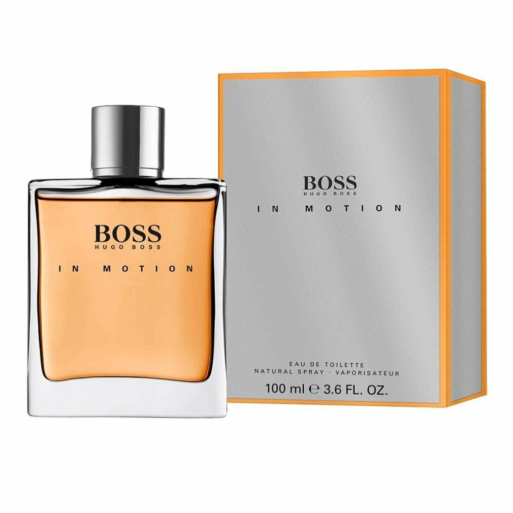 Hugo Boss Boss In Motion Eau de Toilette. Flacon avec bouchon argenté. Liquide orangé. Emballage gris avec accents orange.