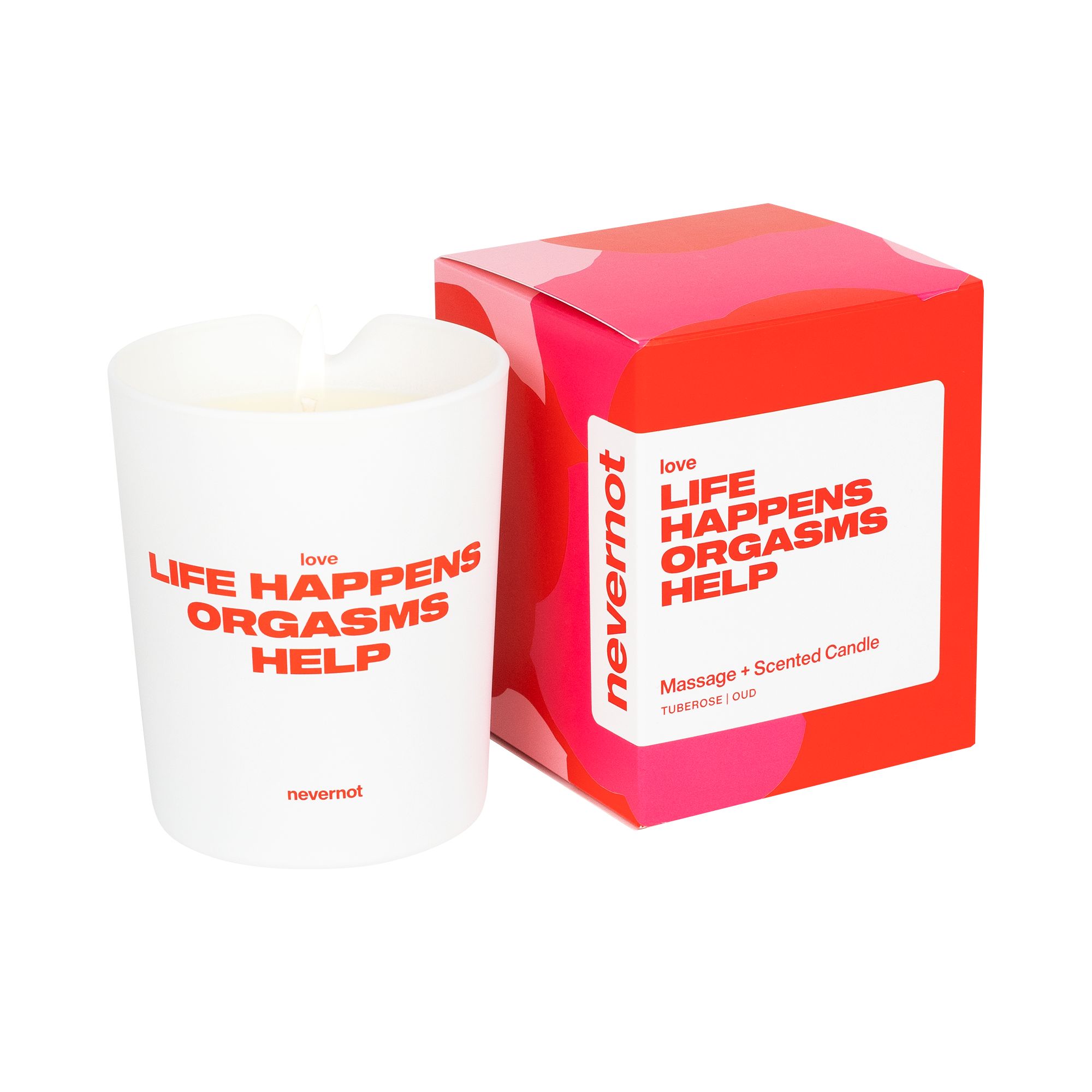 Witte kaars met rode tekst en rode verpakking. Wit label met tekst. Merk: nevernot.