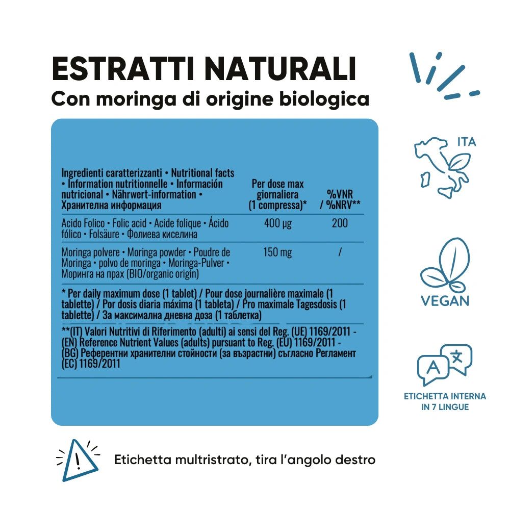 Tableau avec ingrédients: Acide folique, Moringa. Sceau végétalien. Étiquette multilingue.