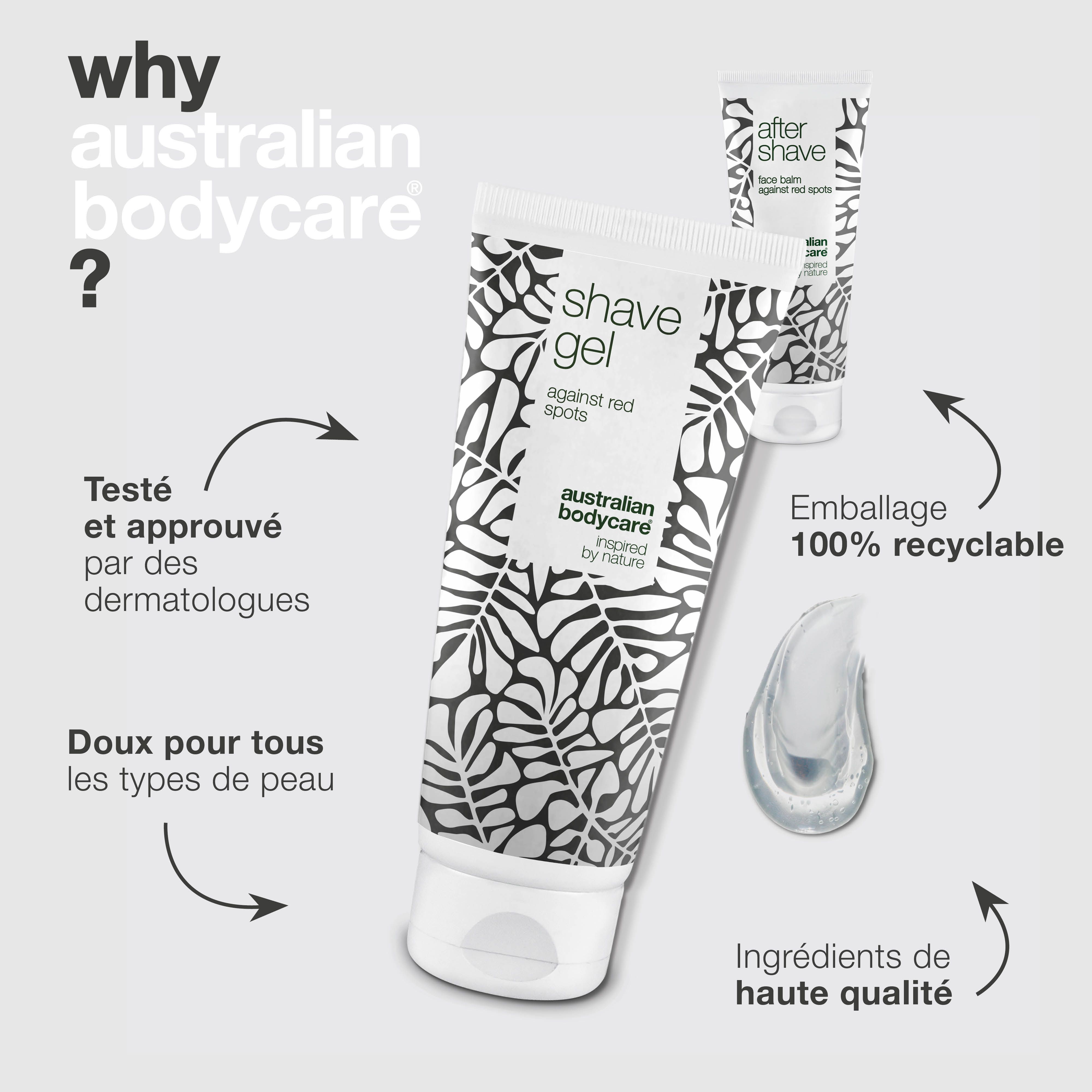 Australian Bodycare: Pourquoi ? Testé par des dermatologues. Doux pour tous types de peau. Emballage recyclable.