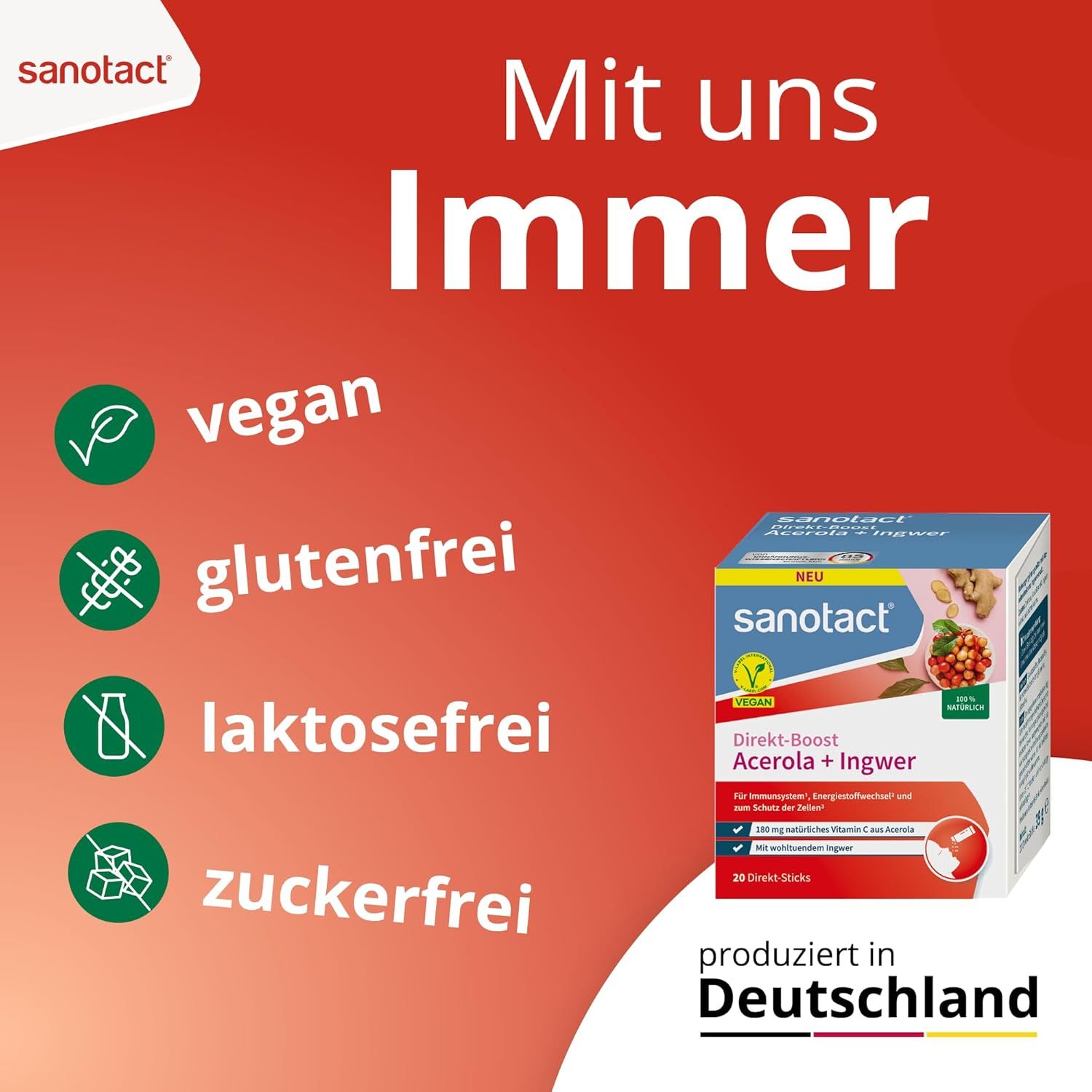 Emballage de sanotact Direkt-Boost Acerola + Ingwer Sticks, végan, sans gluten, sans lactose, sans sucre.