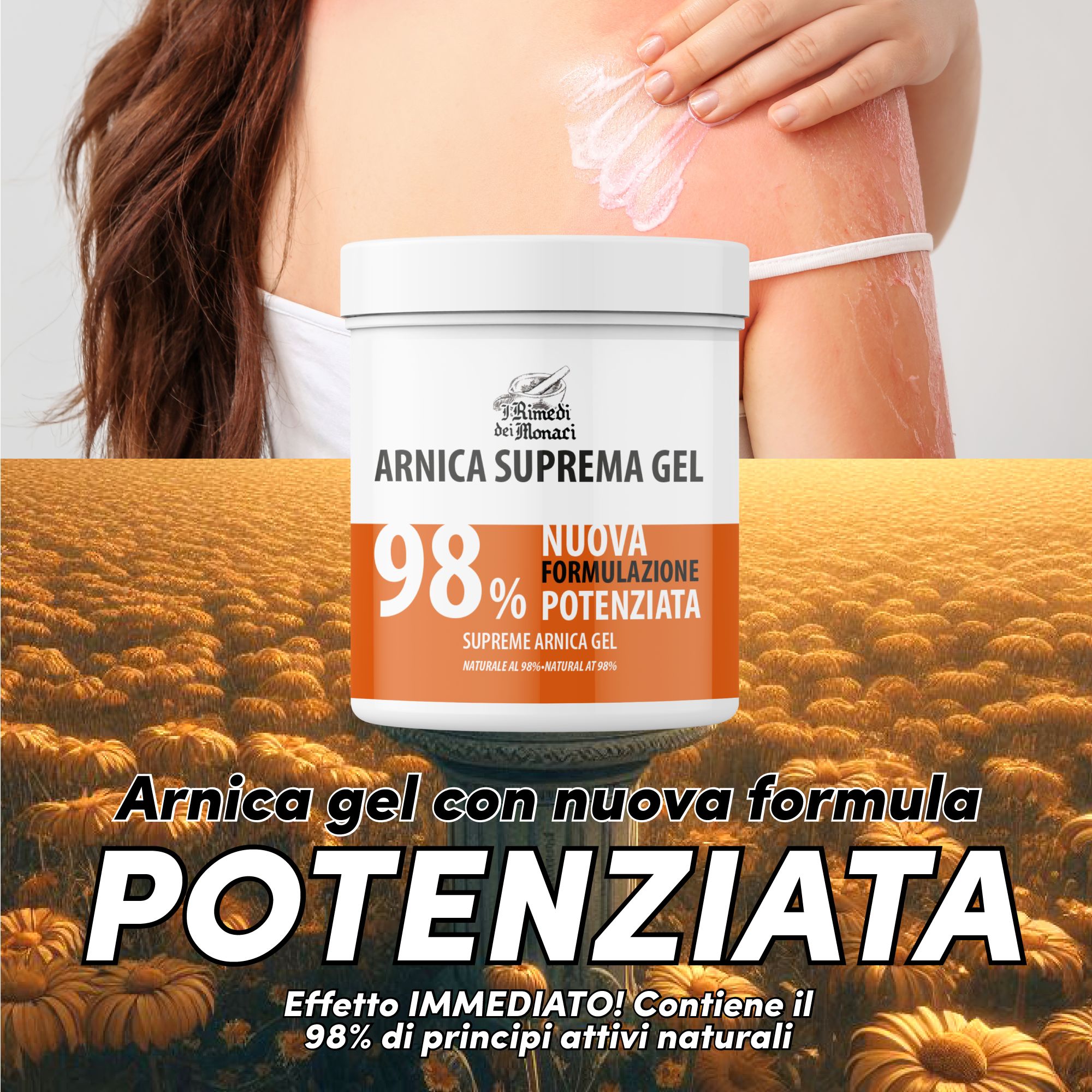 Witte pot met oranje tekst. Tekst: Arnica Suprema Gel 98%. Opschrift: Nieuwe formulering. Achtergrond: gele bloemen.