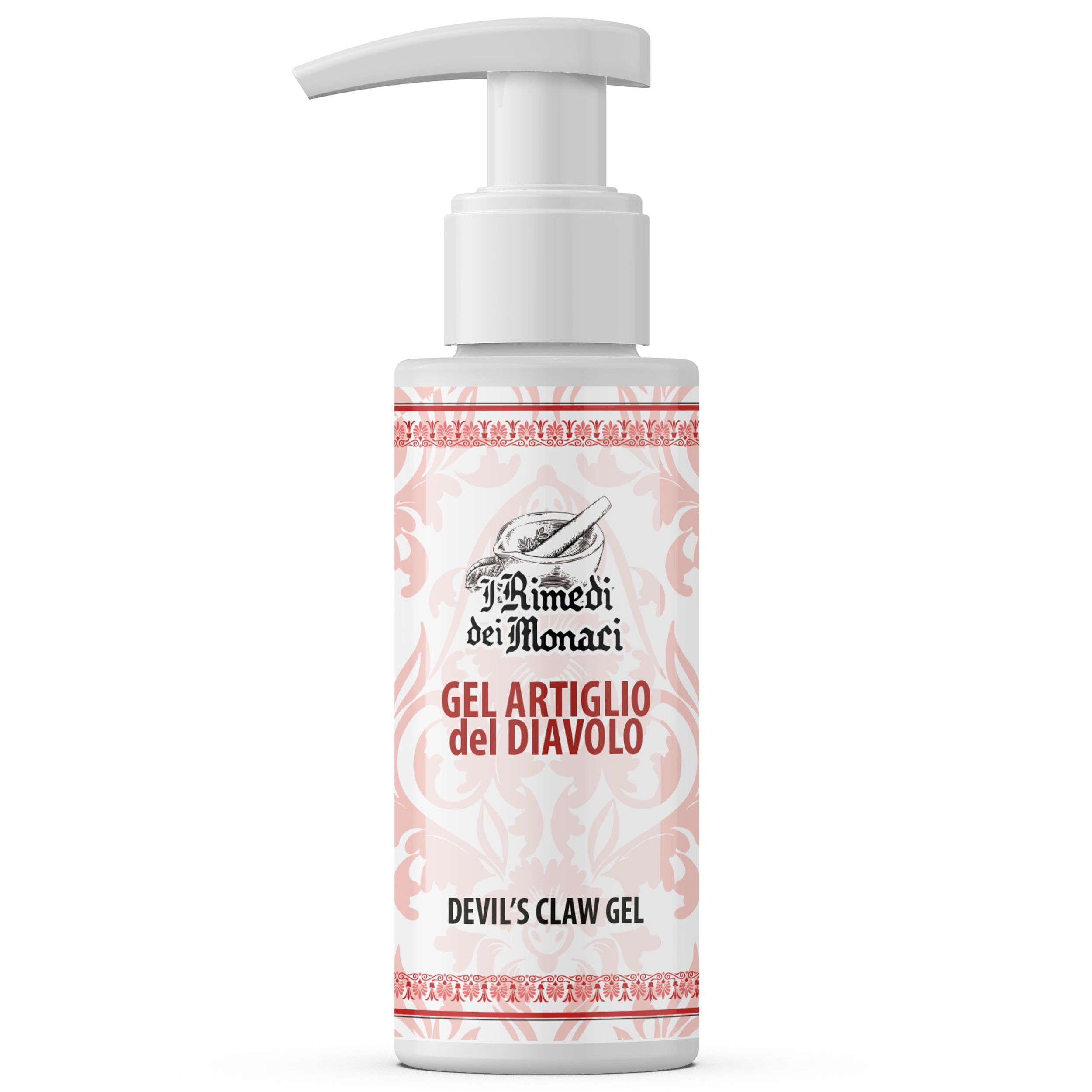Gelfles met doseerpomp. Tekst: I Rimedi dei Monaci, Gel Artiglio del Diavolo, Devil's Claw Gel.
