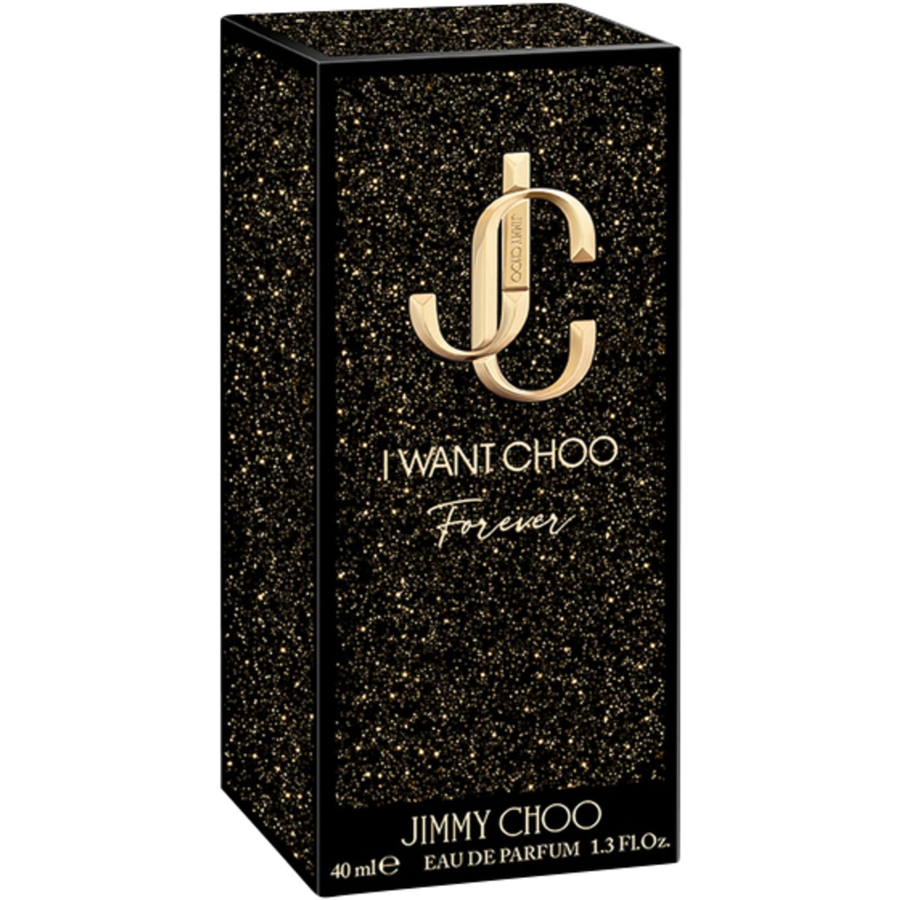 Boîte noire de Jimmy Choo, I Want Choo Forever EdP. Logo et texte dorés. Design pailleté.