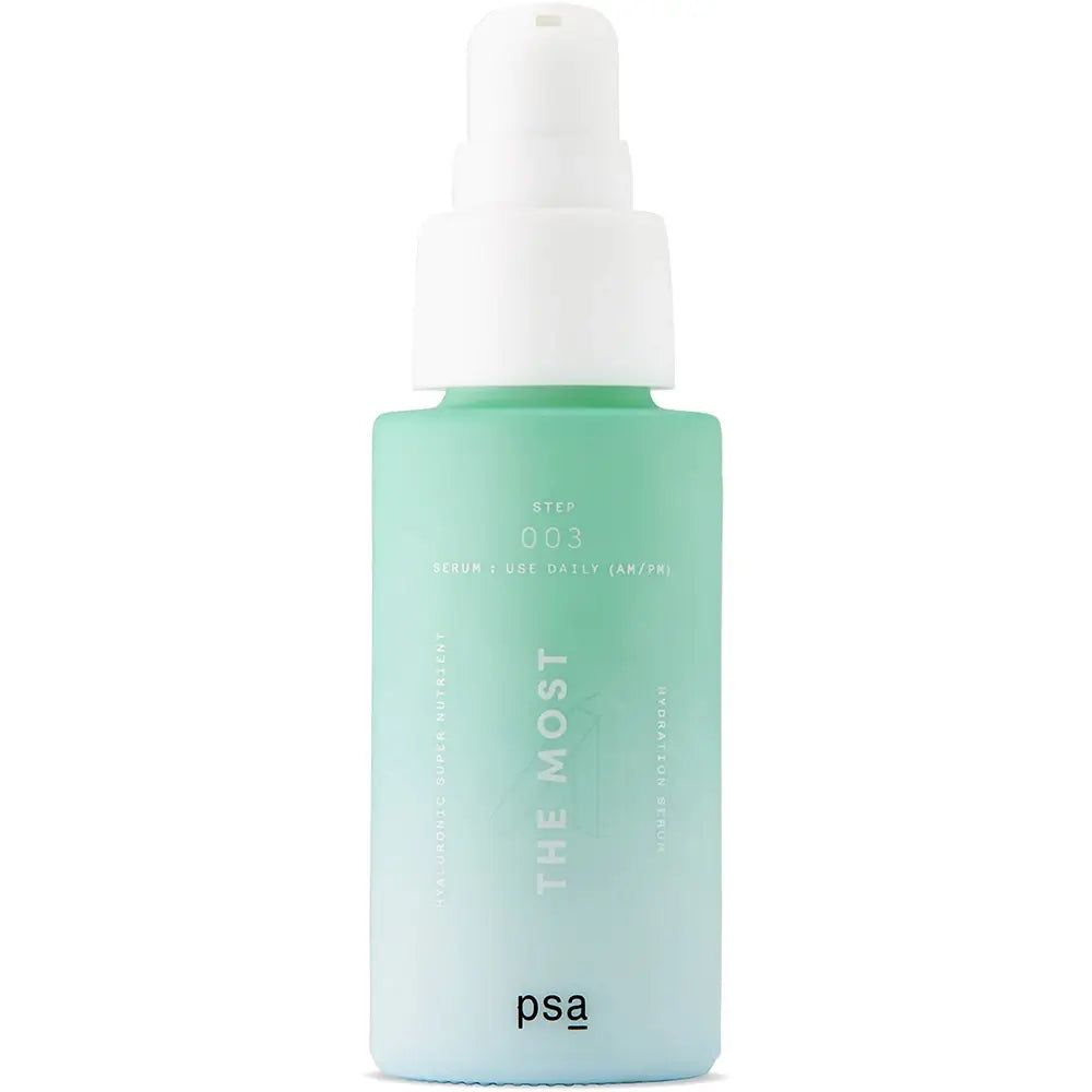Sérum PSA The Most dans un flacon pompe vert menthe avec un capuchon blanc.