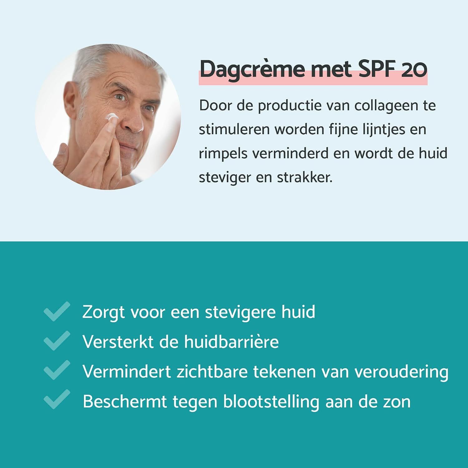 Dagcrème met SPF 20. Man brengt crème aan op gezicht.