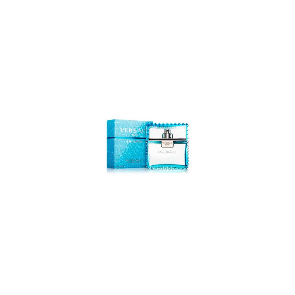 Flacon de parfum bleu clair et emballage. Inscription : Versace Man Eau Fraiche.