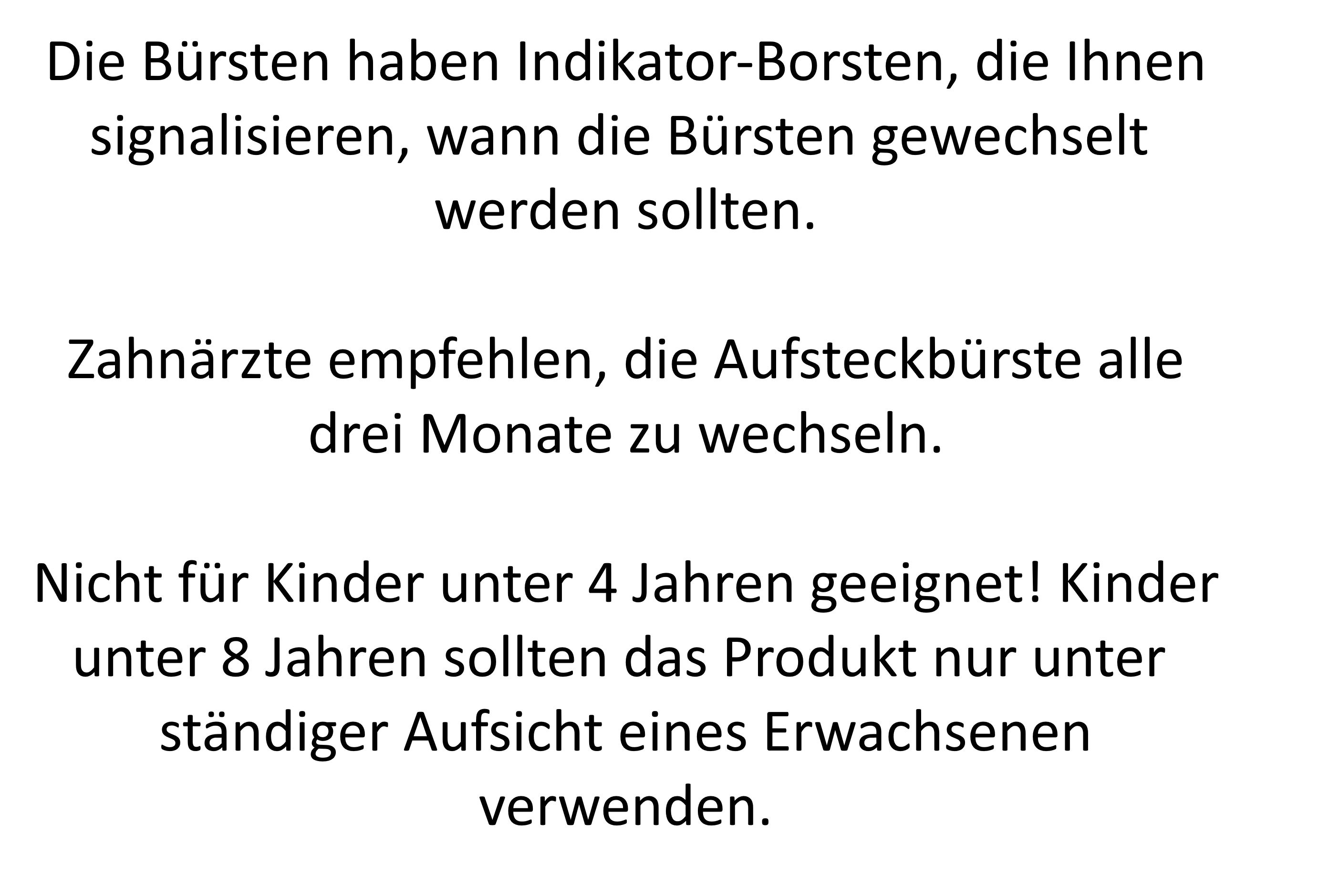 Tekst op witte achtergrond. Informatie over het gebruik van opzetborstels. Niet geschikt voor kinderen onder de 4 jaar.