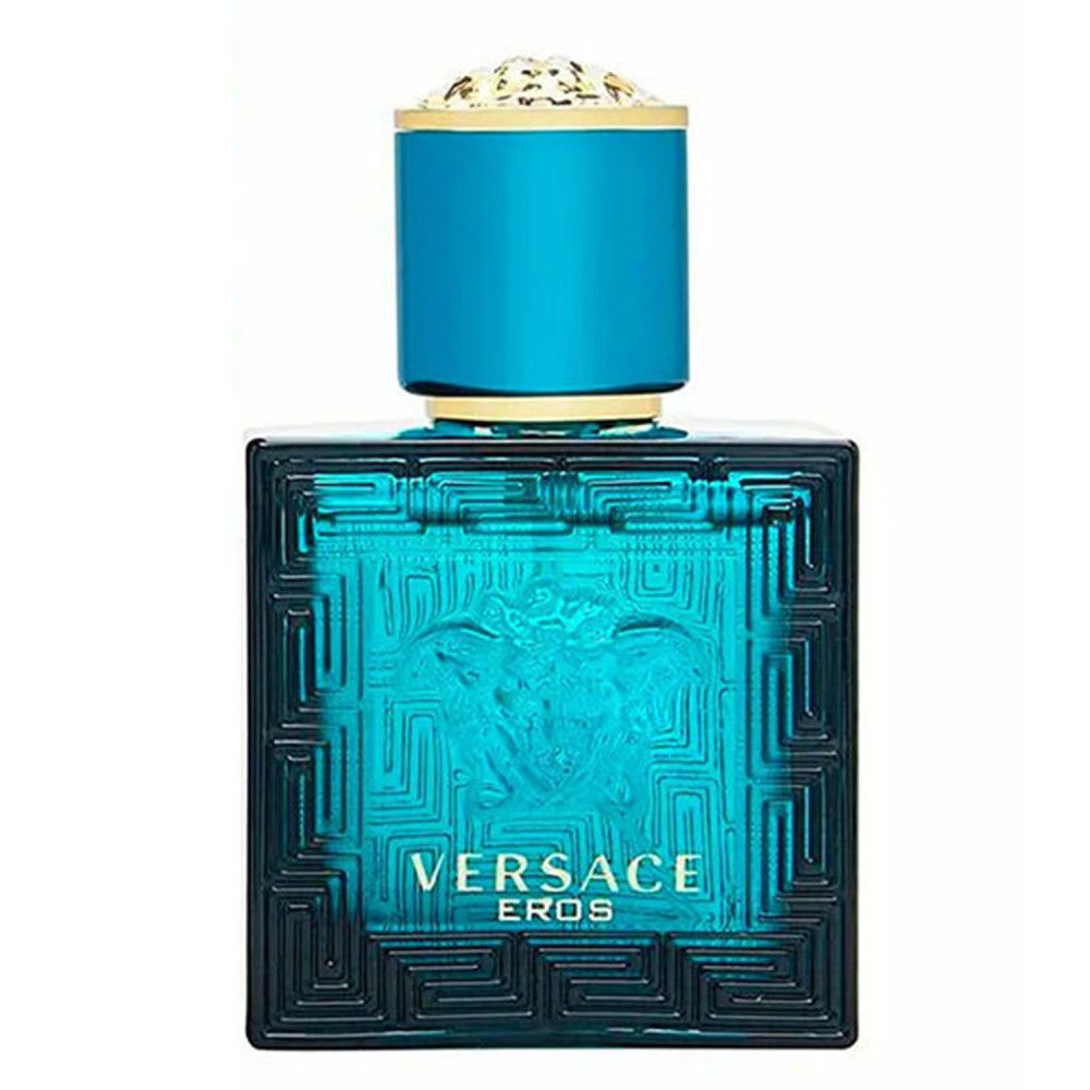 Flacon turquoise Versace Eros. Forme carrée avec motif géométrique et logo Méduse. Bouchon bleu avec accent doré.