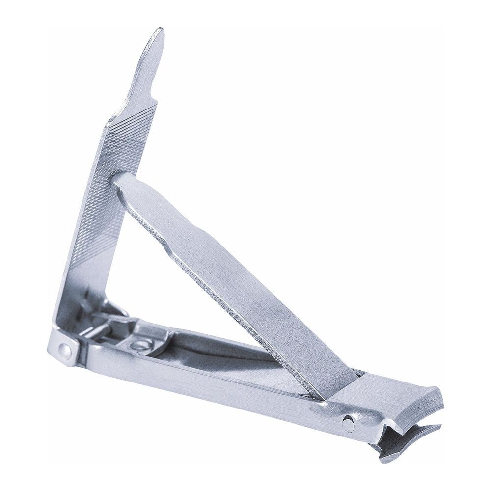 Coupe-ongles en métal mat, lames trempées. Ouvert, avec manche et lime. Inoxydable.