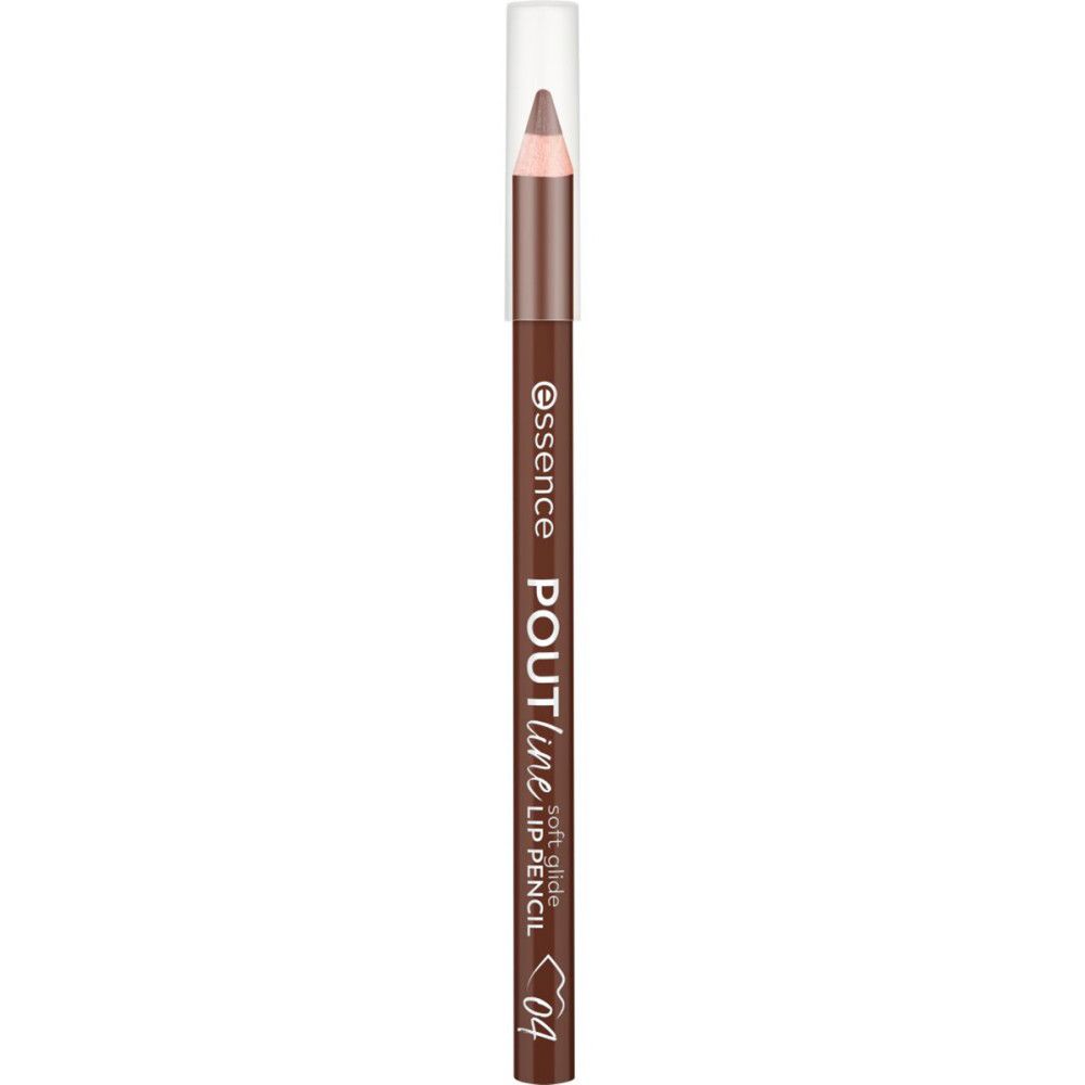 Bruine lippotlood met transparante dop. Opschrift: Essence, Poutline Soft Glide Lip Pencil, 04.