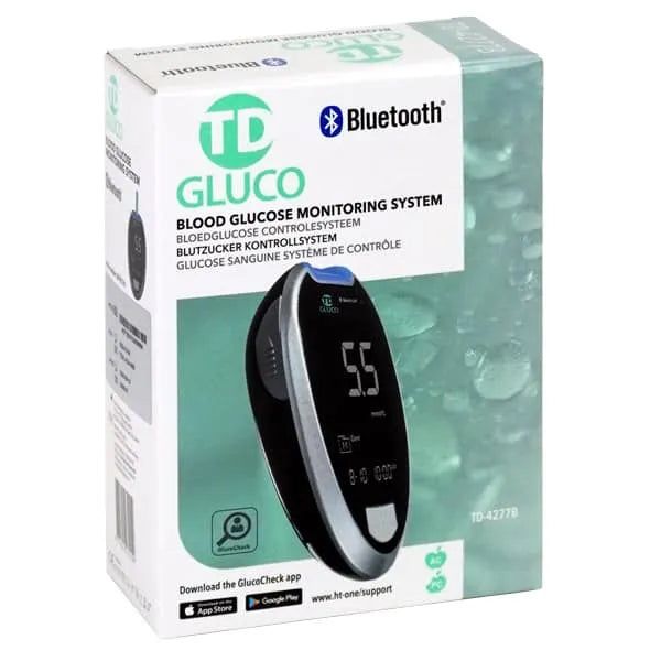 Emballage d'un glucomètre montrant l'appareil et le symbole Bluetooth. Contient plusieurs langues.