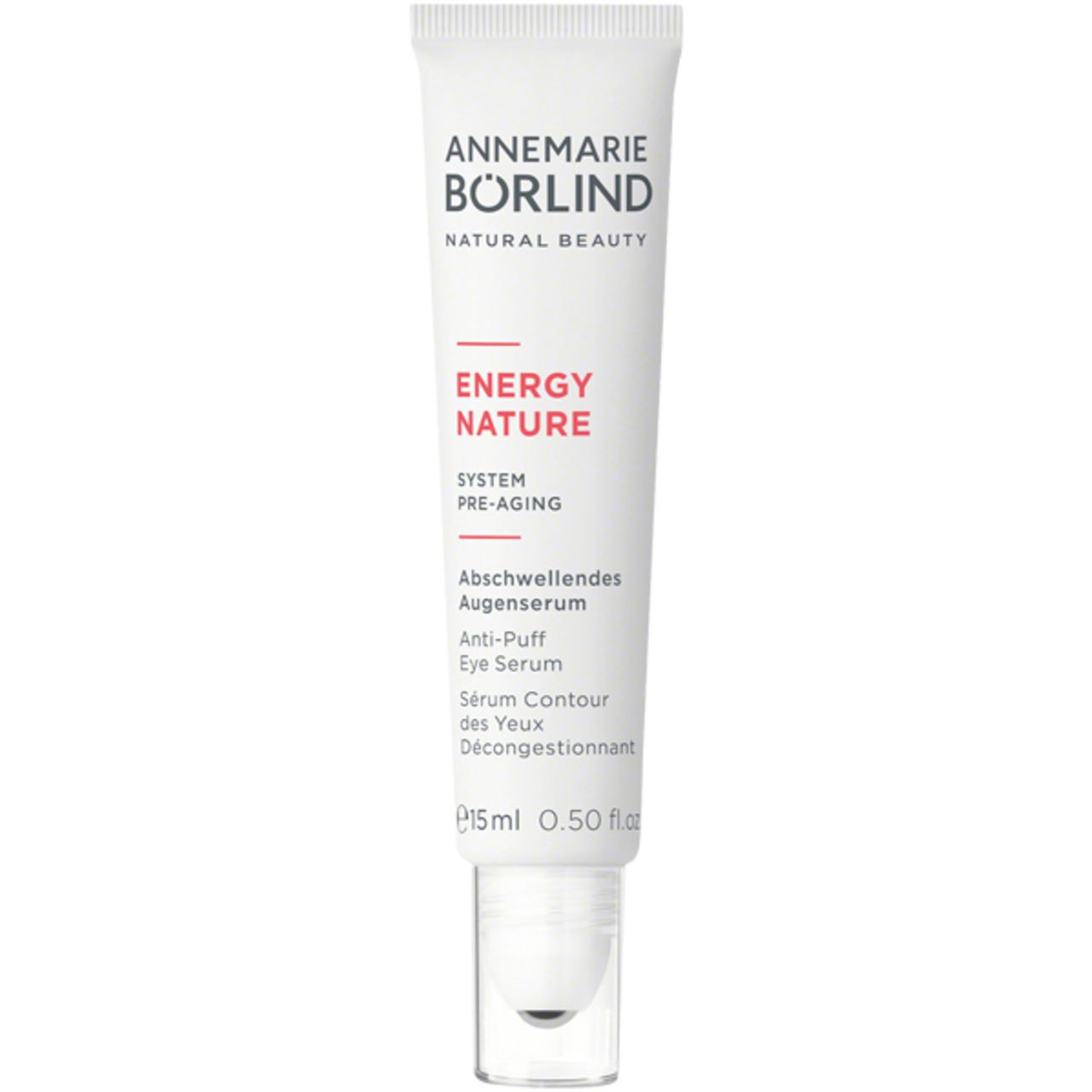 Tube blanc avec texte rouge. Contient un sérum pour les yeux. Marque : Annemarie Börlind. Texte : EnergyNature, Sérum Contour des Yeux Décongestionnant. Avec applicateur.