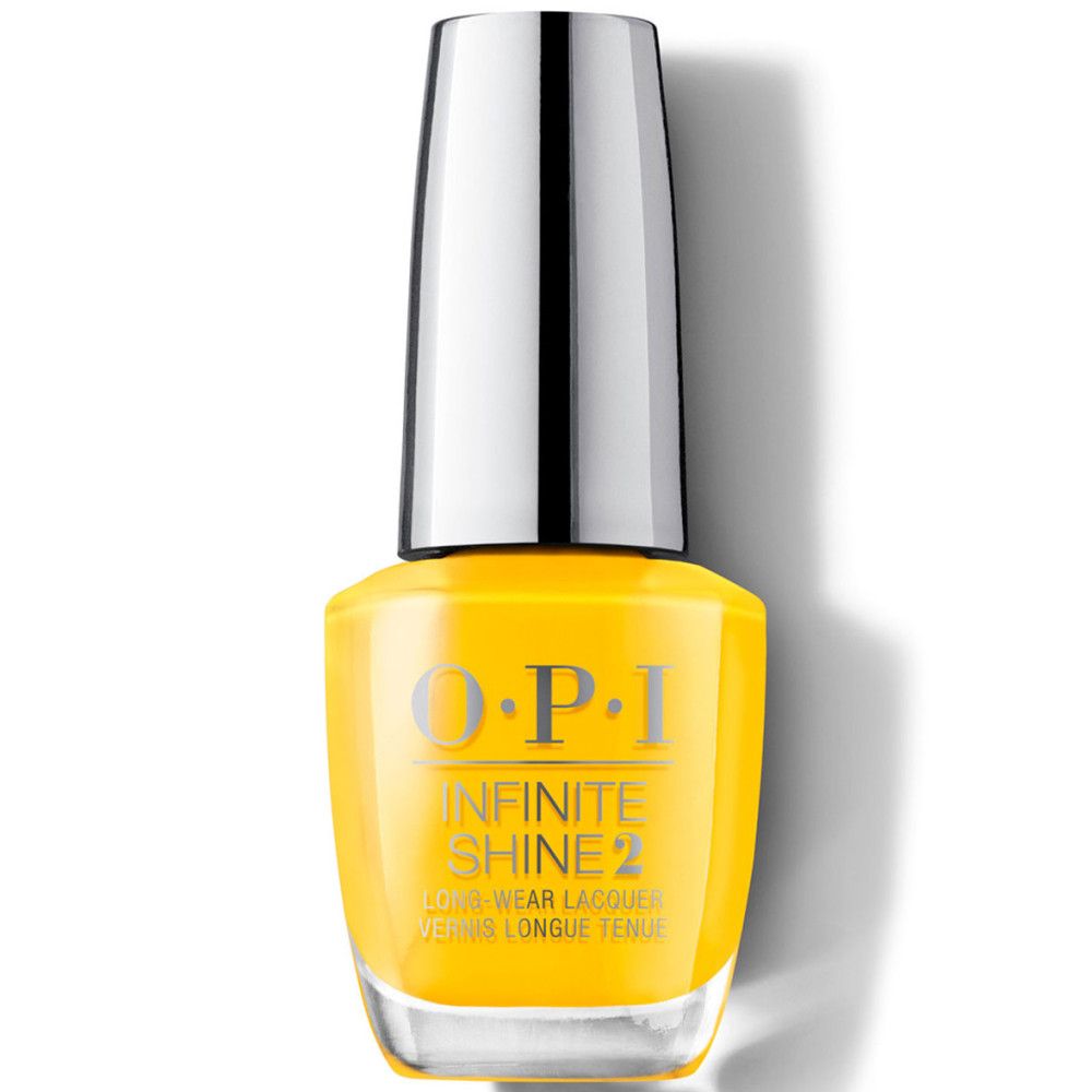 Flacon de vernis à ongles jaune avec bouchon argenté. Inscription : OPI Infinite Shine 2.