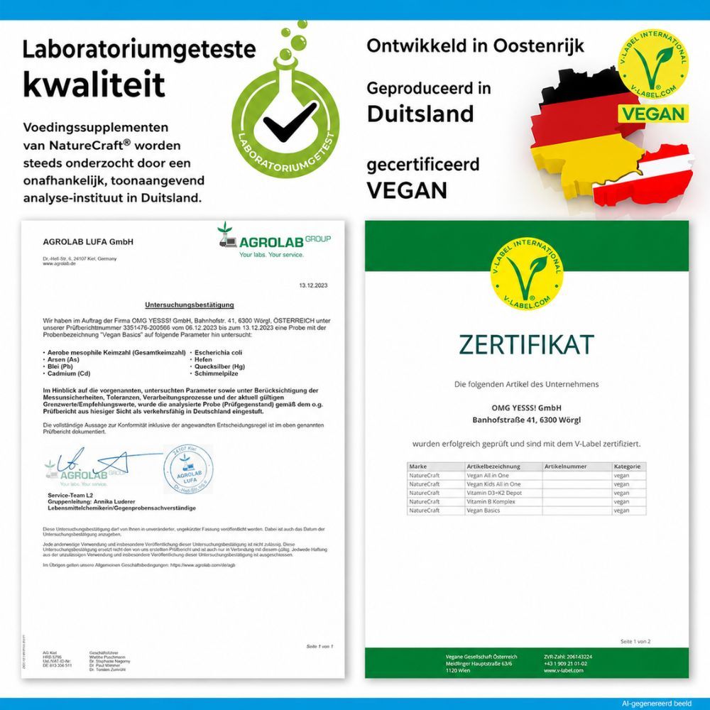 NatureCraft Vegan Basics logo met V-Label en frambozen.