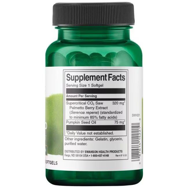 Dos de la bouteille verte. Inscription: Supplement Facts, 320 mg extrait de palmier nain, 75 mg huile de graines de courge.