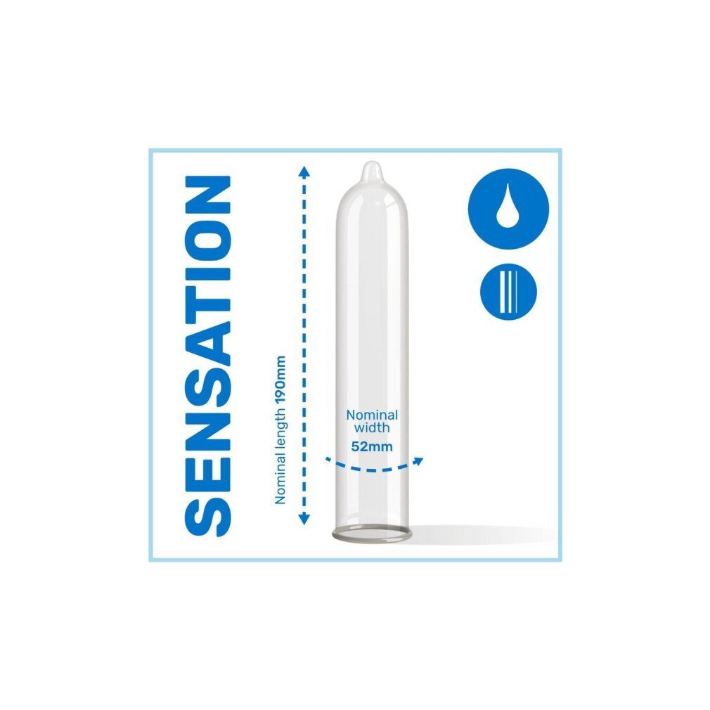 Représentation graphique d'un préservatif. Inscription : Sensation. Dimensions : 190mm longueur, 52mm largeur.