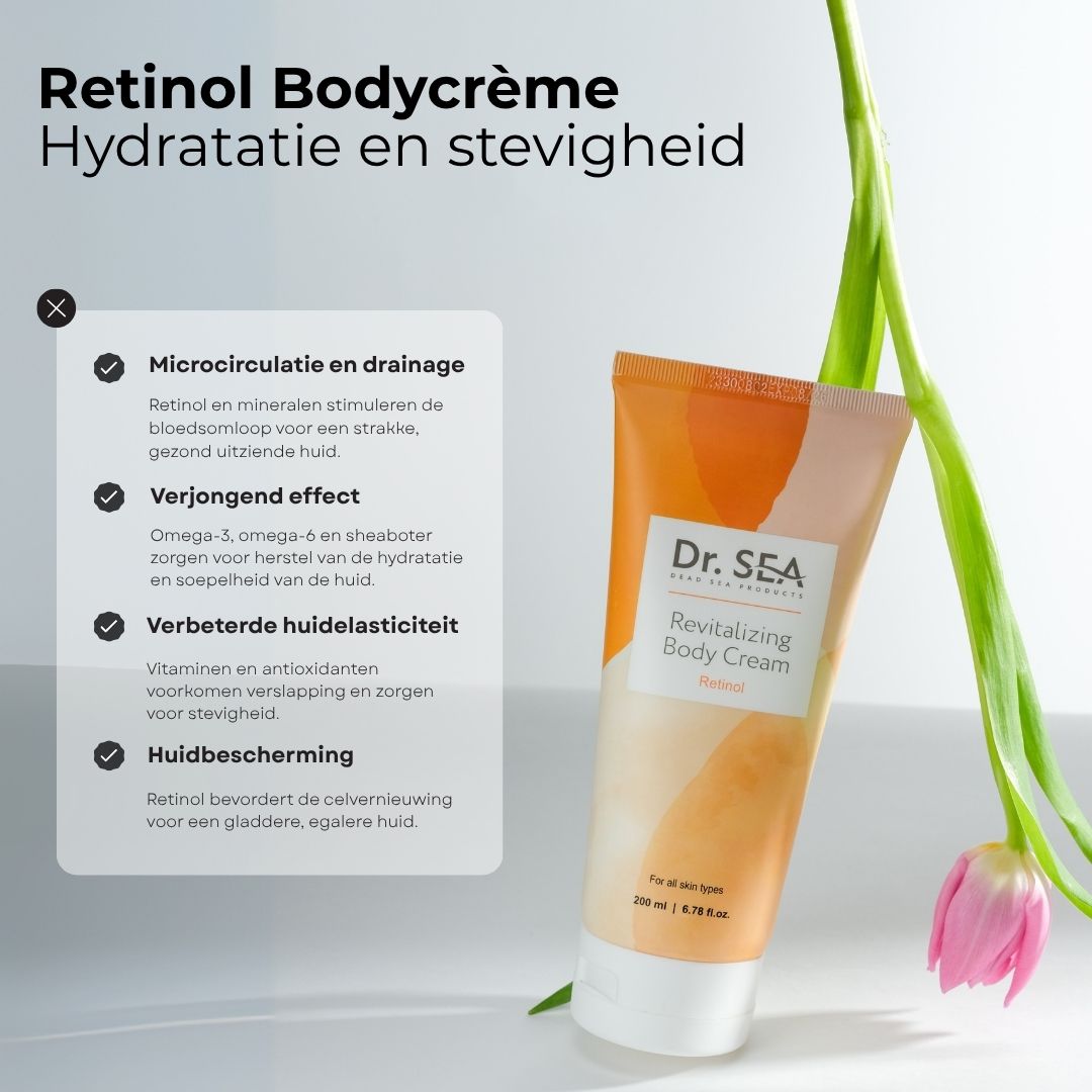 Crèmetube "Dr. SEA Revitalizing Body Cream Retinol" met tekst en illustraties. Achtergrond.