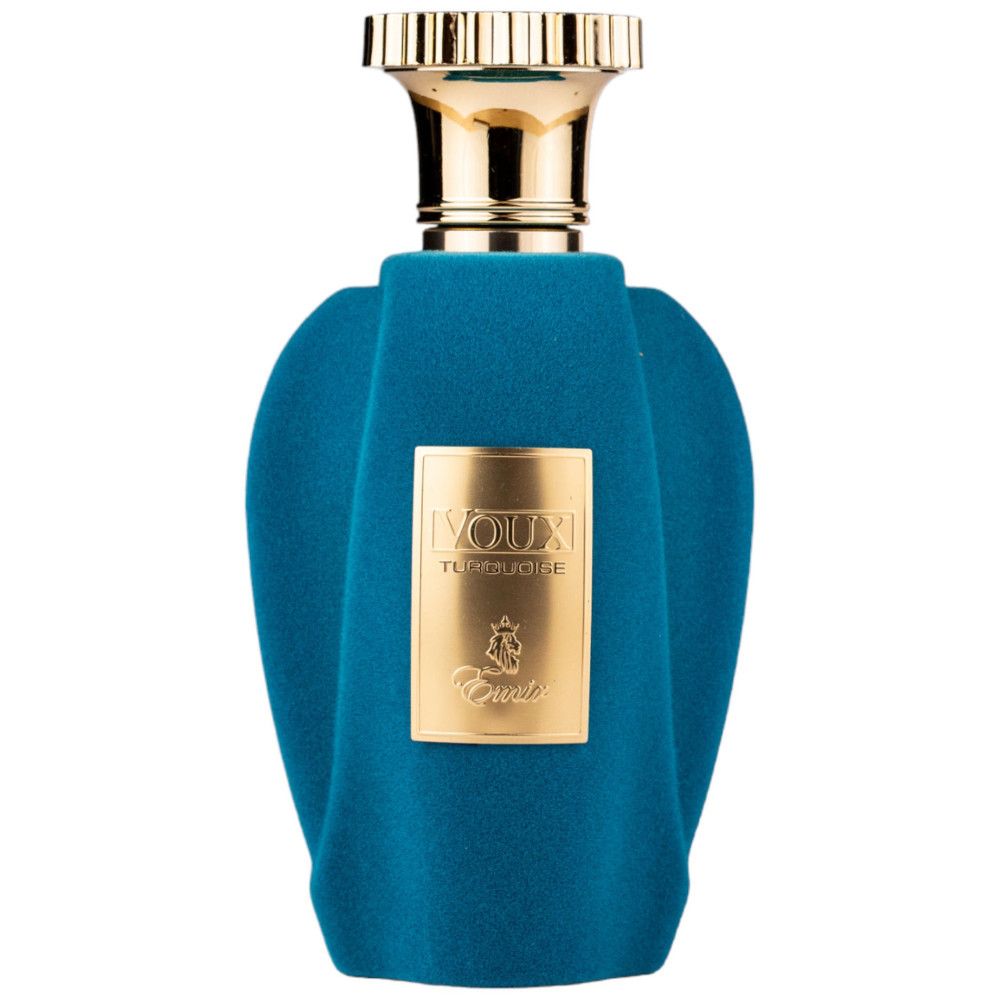 Flacon de parfum turquoise avec détails dorés. Inscription: Voux Turquoise, Paris Corner.
