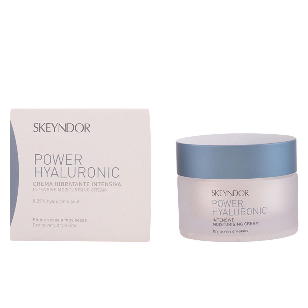 Crèmepot en doosje. Opschrift: SKEYNDOR POWER HYALURONIC, CREMA IDRATANTE INTENSIVA. Voor droge tot zeer droge huid.