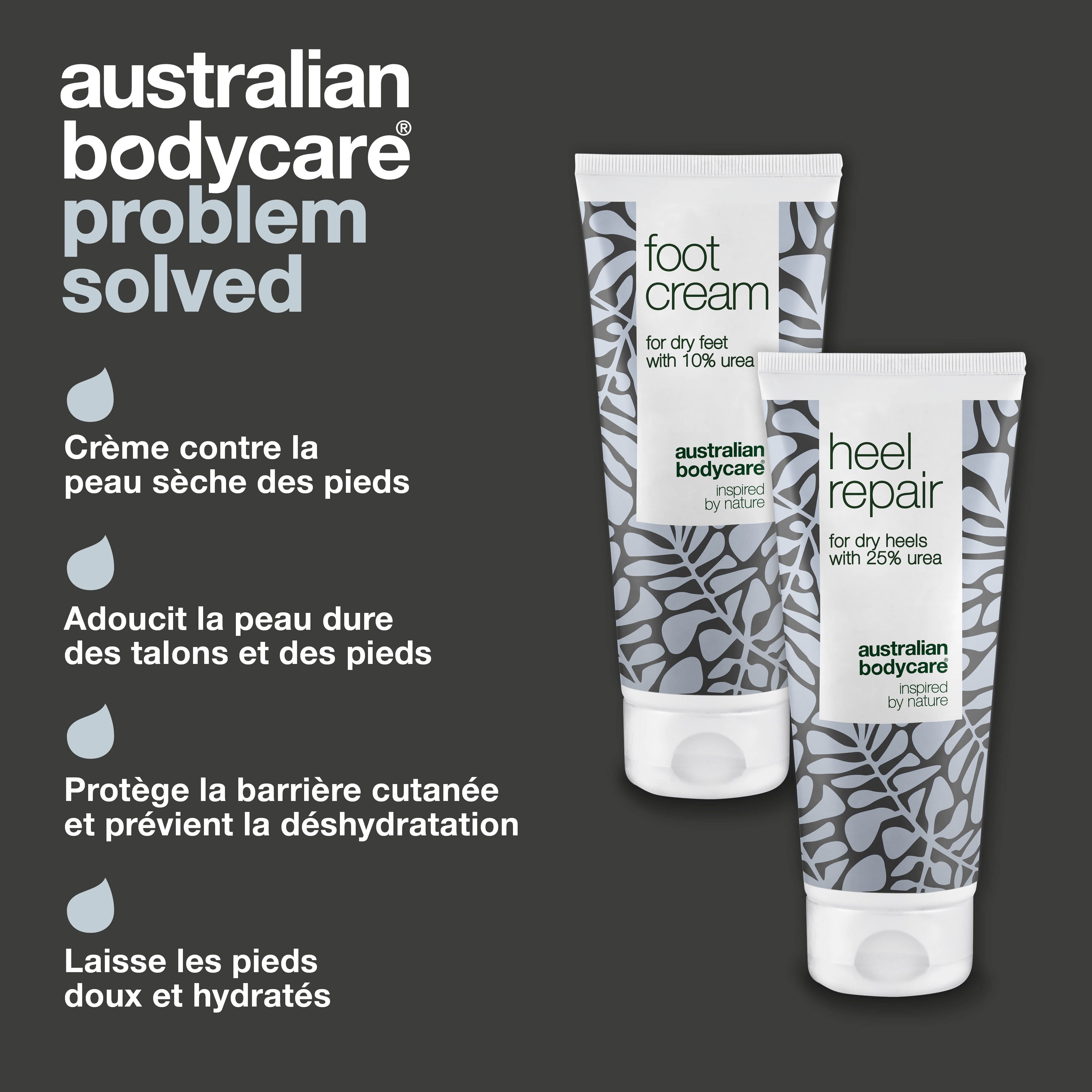 Deux tubes de crème pour les pieds et de réparation des talons. Texte : Problème résolu. Informations sur le produit et logos.