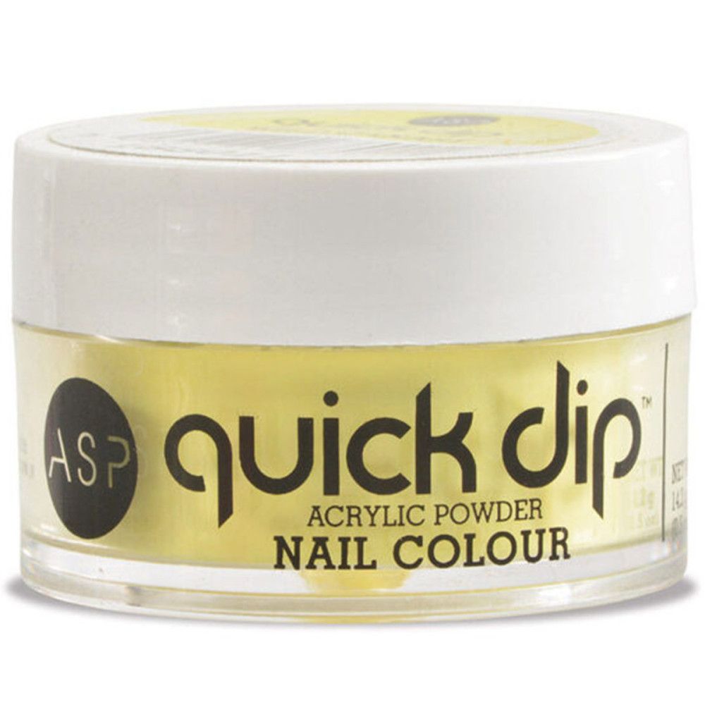 Récipient de poudre acrylique jaune. Inscription 'ASP quick dip'.