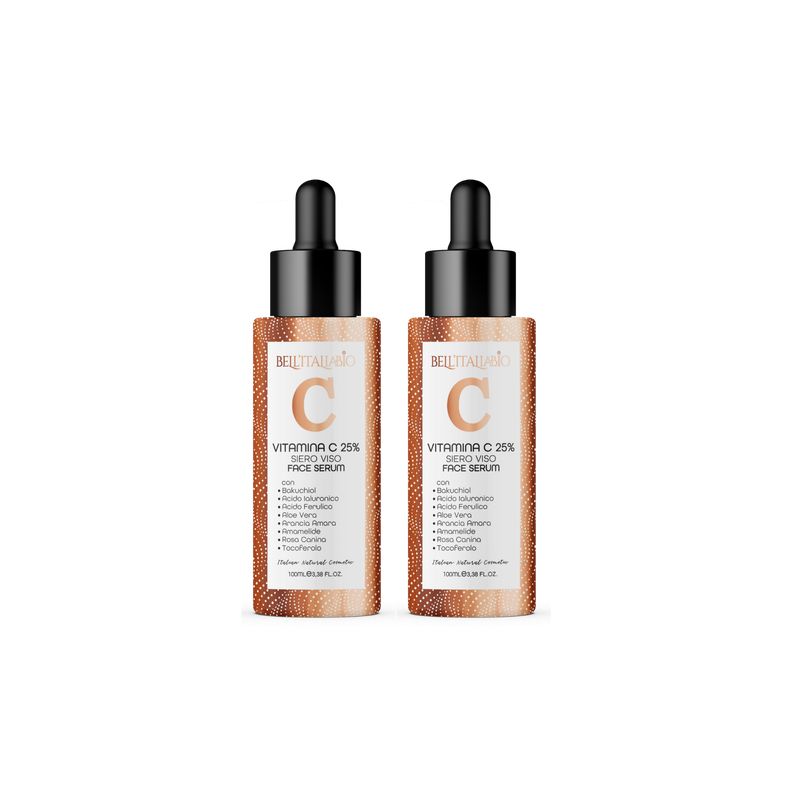 Twee flessen met zwarte doppen en pipetten. De etiketten tonen "Vitamin C 25%" en "SERO VISO FACE SERUM".