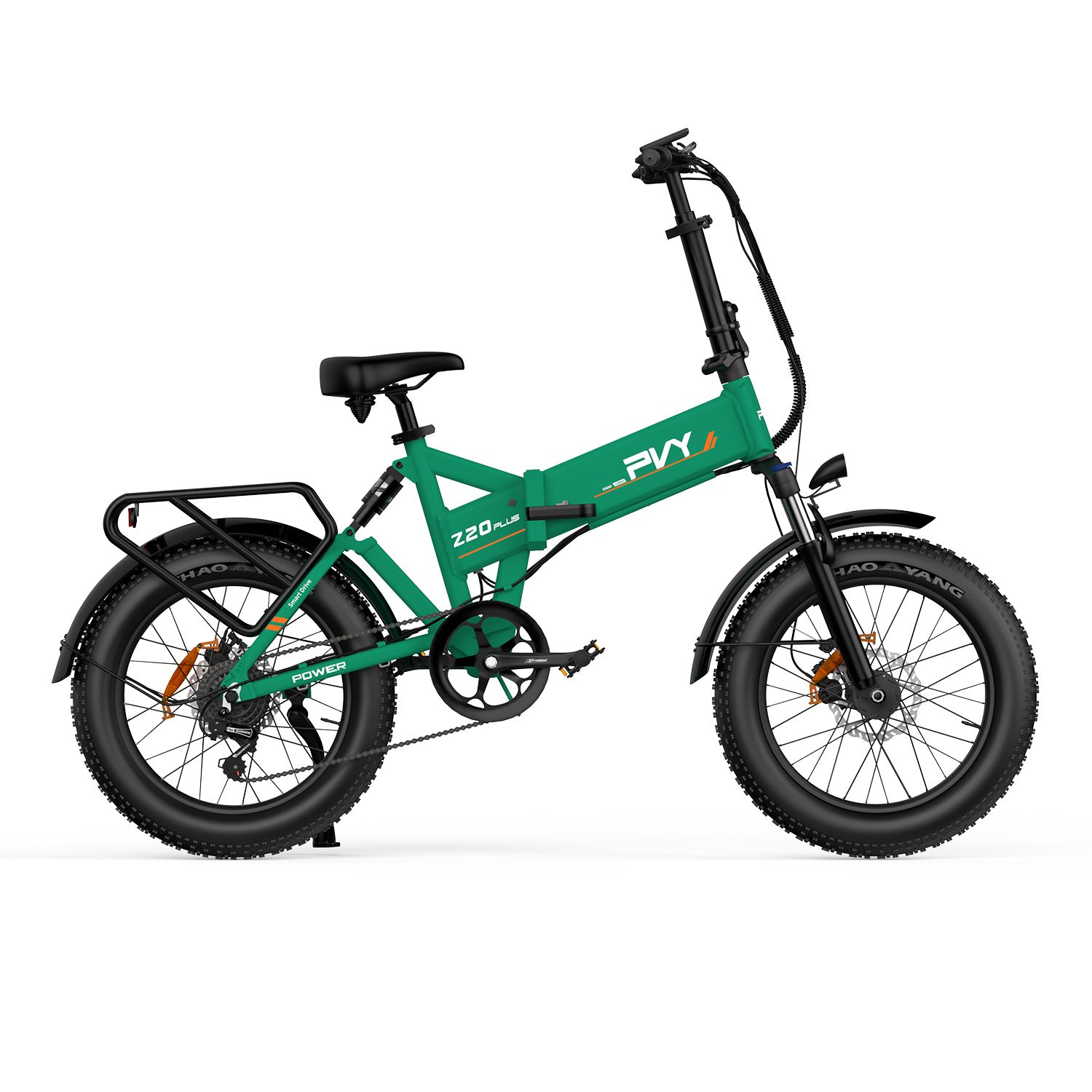 Groene PVY Z20 Plus e-bike met drievoudige vering. Zwarte banden, bagagerek en zadel. Zichtbare opschriften.
