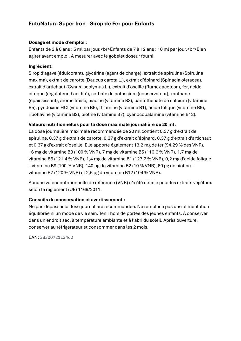 Texte sur fond blanc. FutuNatura Super Iron Sirop de Fer pour Enfants.