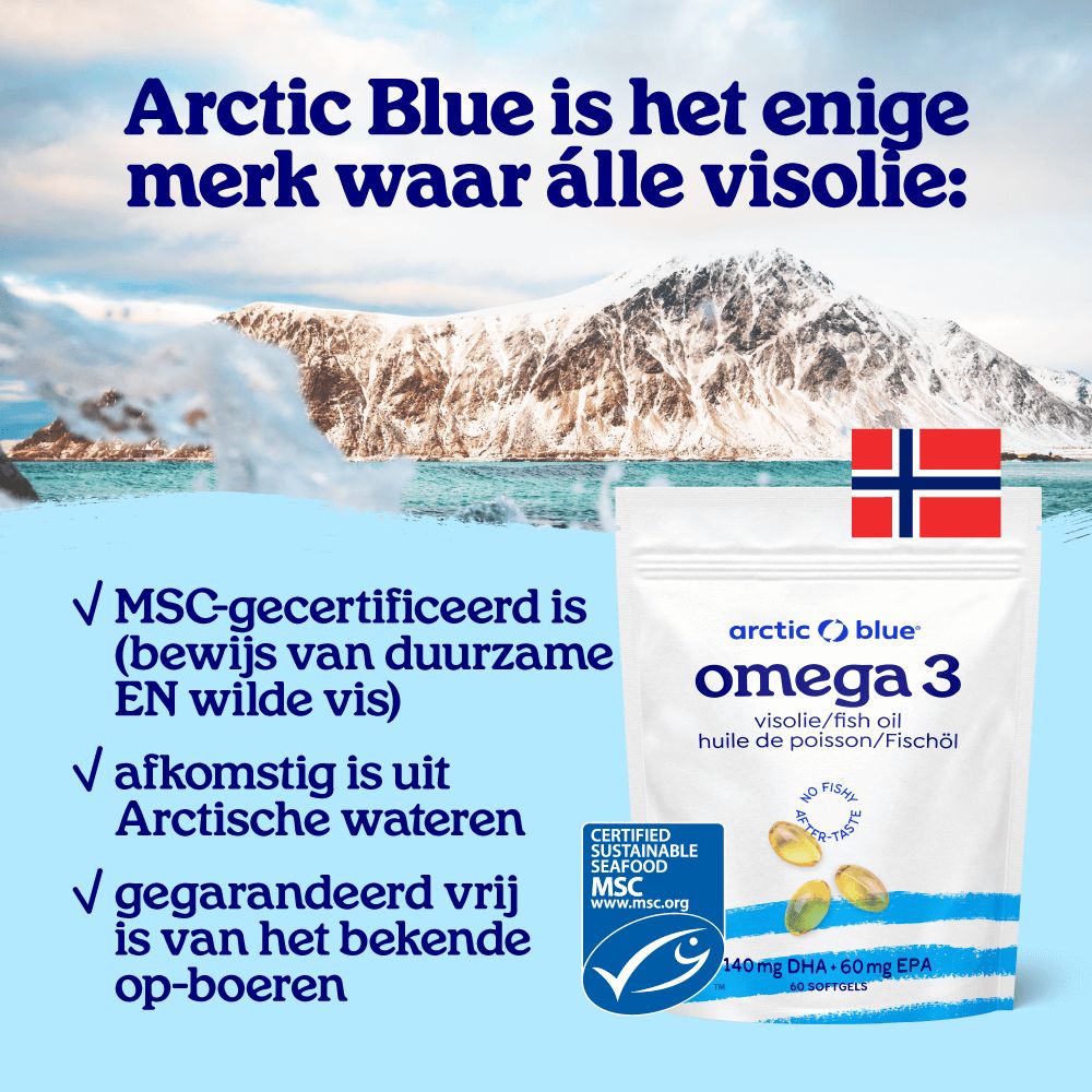 Verpakking visolie Omega 3 voor berglandschap, MSC-certificering en voordelen.