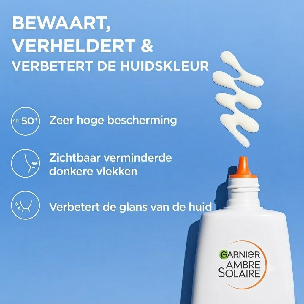 Garnier Ambre Solaire zonnebrandcrème fles met SPF 50+, belooft hoge bescherming, vermindering van donkere vlekken en verbeterde huidglans.
