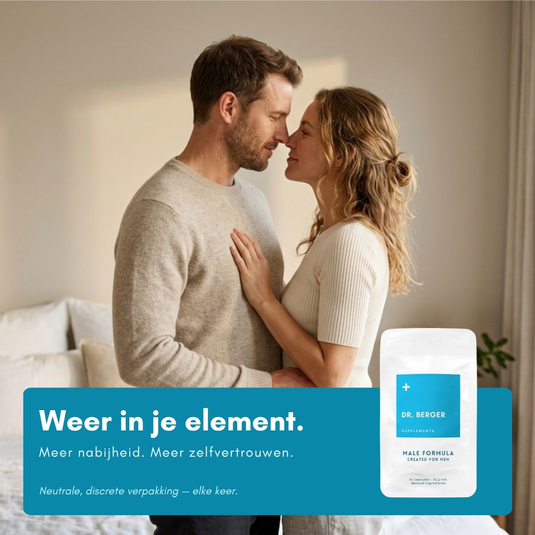 Een stel omhelst elkaar, een pak Dr. Berger Male Formula ernaast.