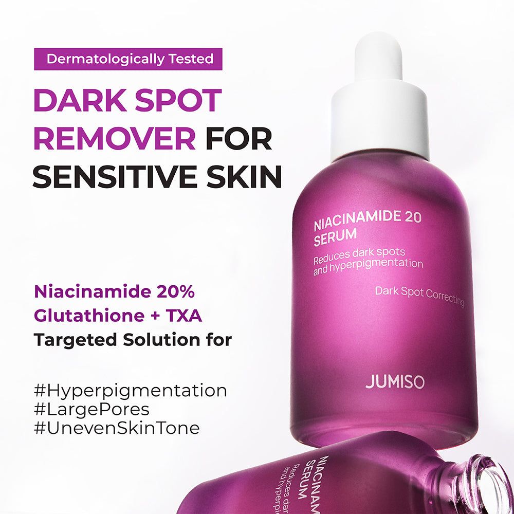 Donkerpaarse flacon met druppelaar, Niacinamide 20% serum voor donkere vlekken.