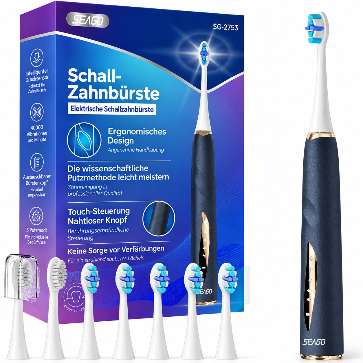 Emballage et brosse à dents sonique électrique avec plusieurs têtes et contacts de charge.
