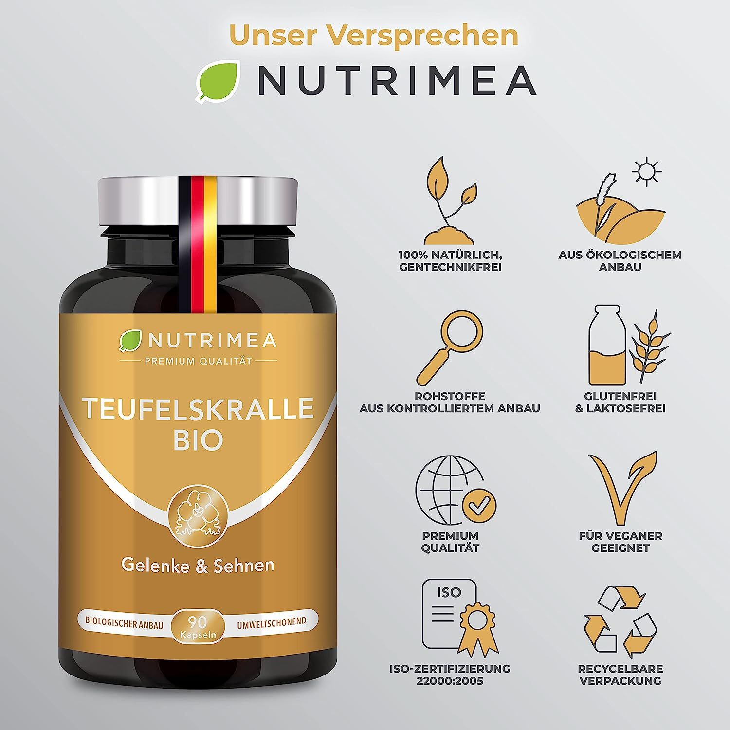 Fles Teufelskralle BIO. 100% natuurlijk, non-GMO, uit biologische landbouw. Glutenvrij, veganistisch, recyclebare verpakking. ISO-certificering.