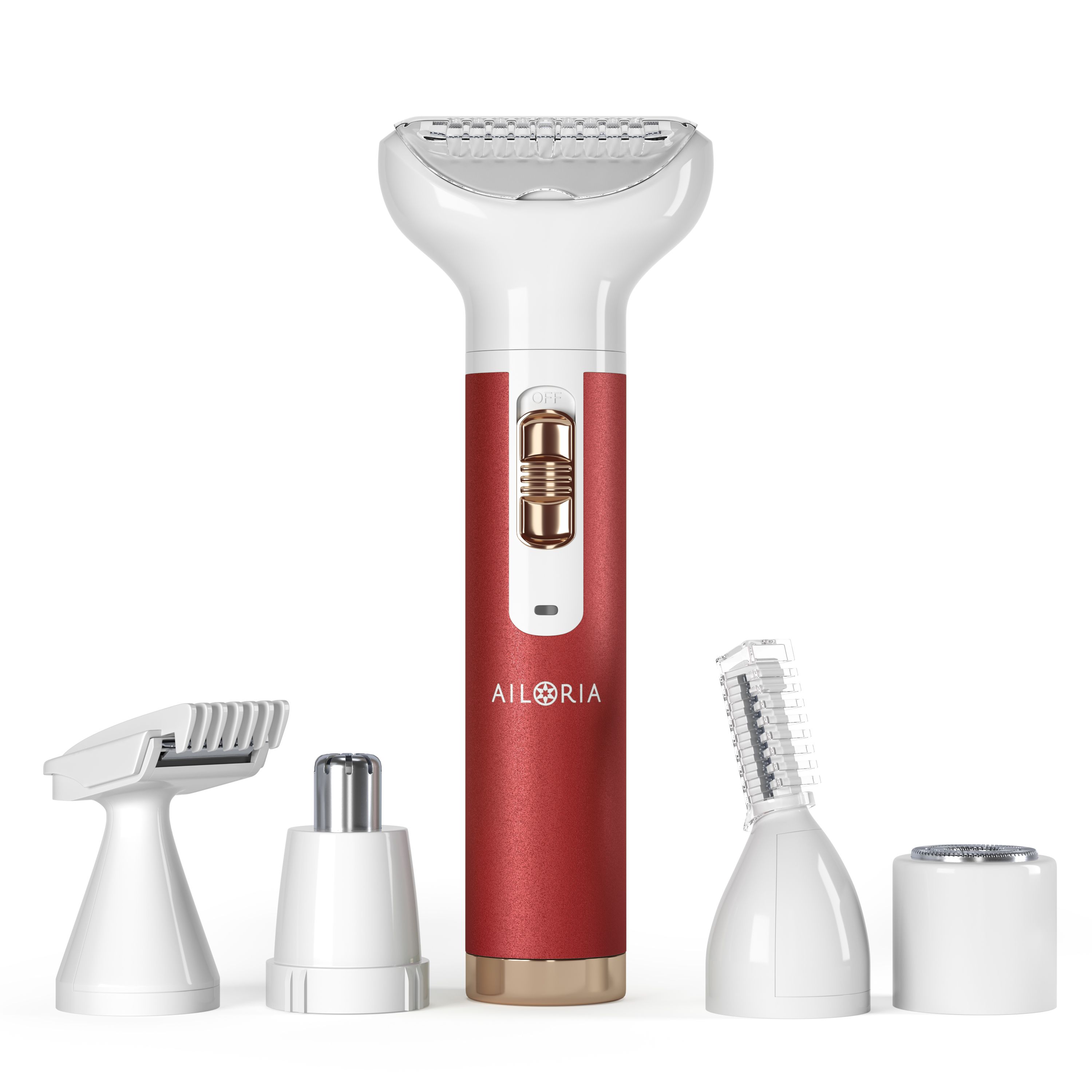 Rasoir avec manche rouge, tête blanche et accessoires. Comprend des têtes pour différentes utilisations. Logo AILORIA visible.