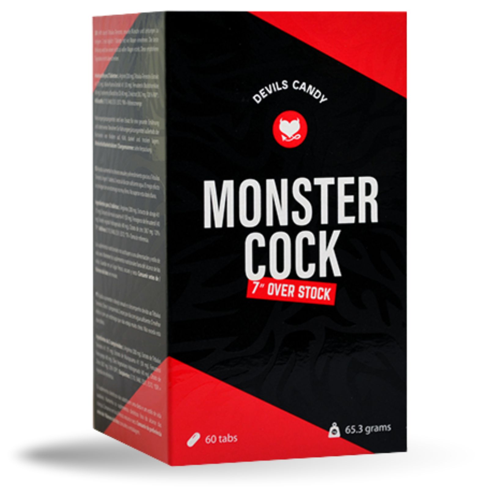 Zwarte en rode doos. Opschrift: MONSTER COCK. Bevat 60 tabletten.