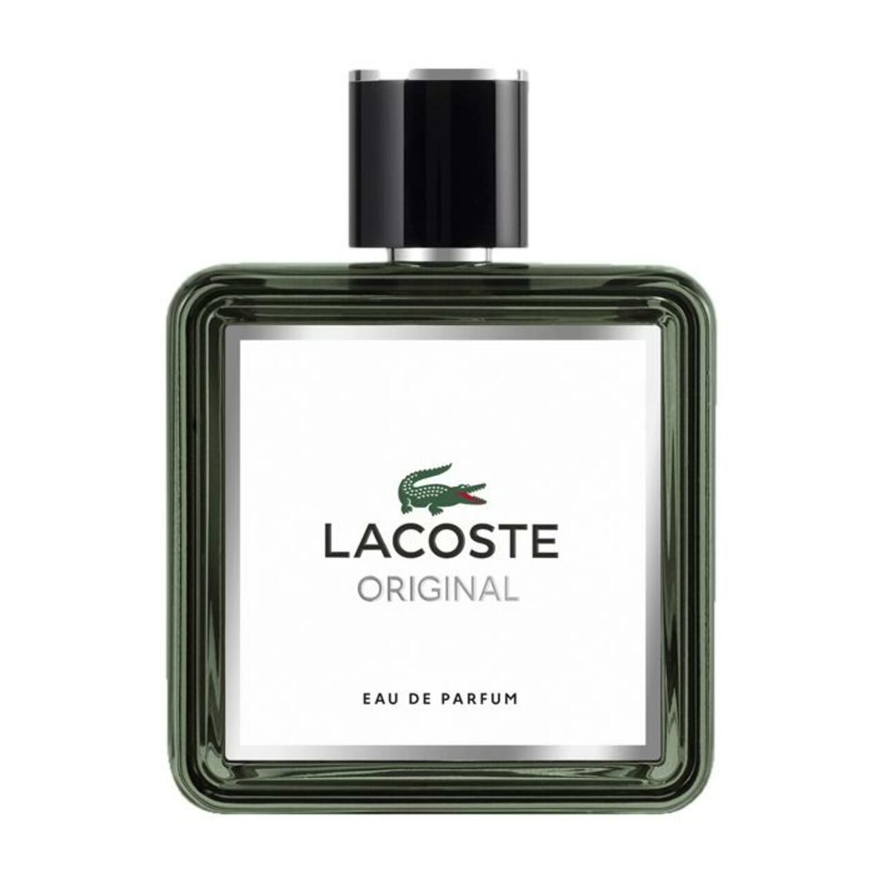 Flacon Lacoste Original EdP Nat. Spray. Forme carrée, cadre vert, étiquette blanche avec logo crocodile. Texte: Eau de Parfum.