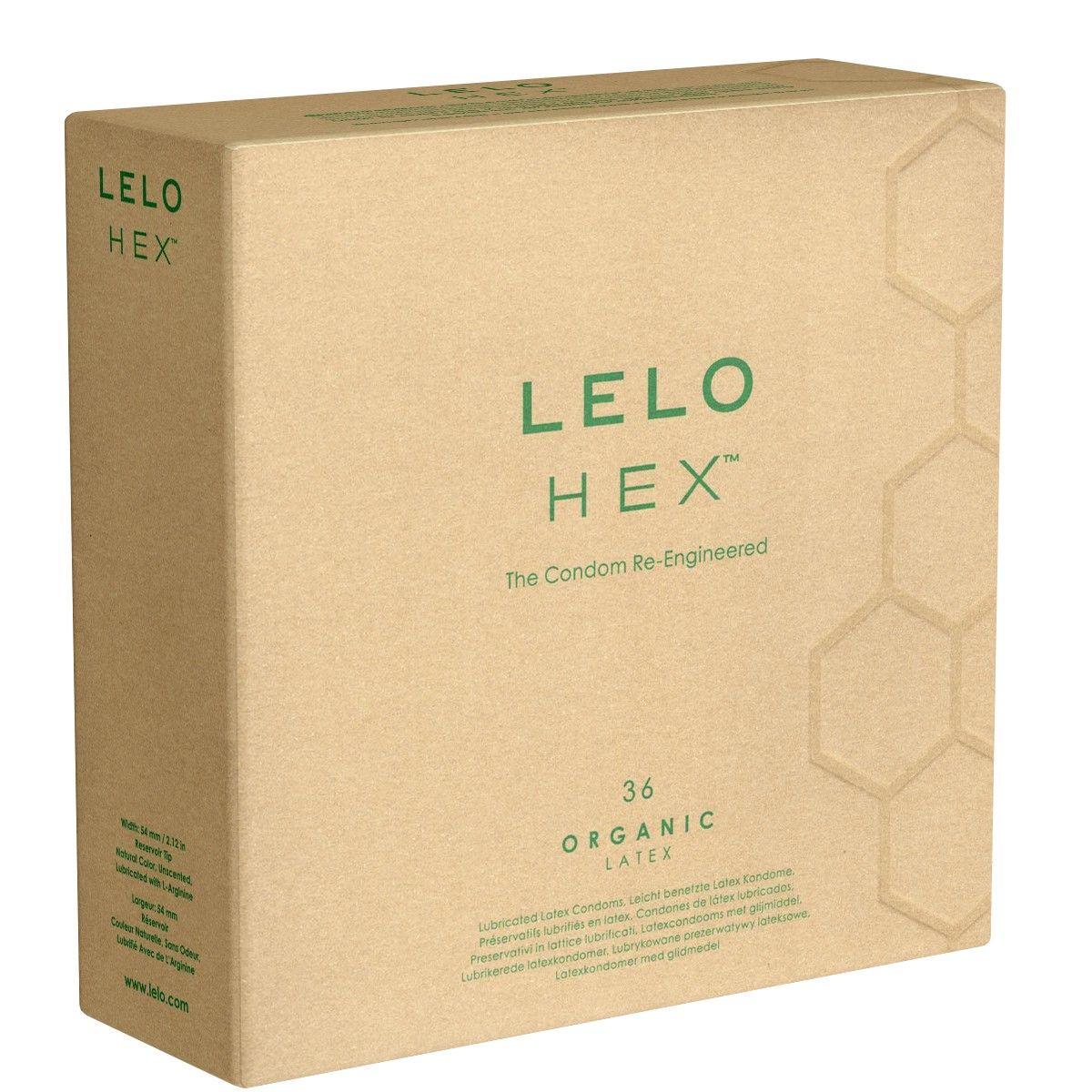 Kartonnen doos met groen "LELO HEX" logo en "Organic Latex" tekst. Bevat 36 condooms. Natuurlijke kleur.