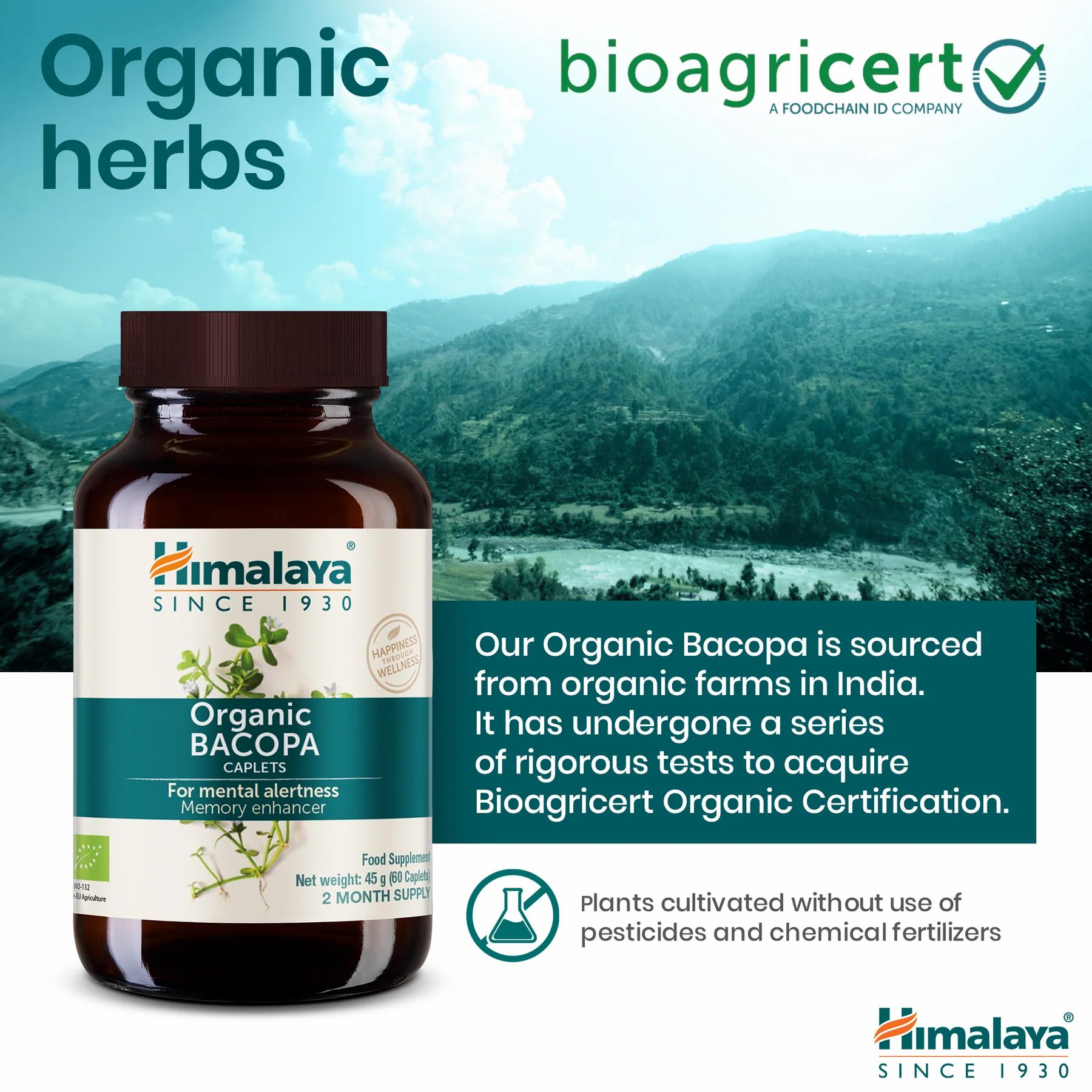 Himalaya Bio-Bacopa fles voor landschap. Tekst: Organic Bacopa. Bioagricert certificering. Teelt zonder pesticiden.