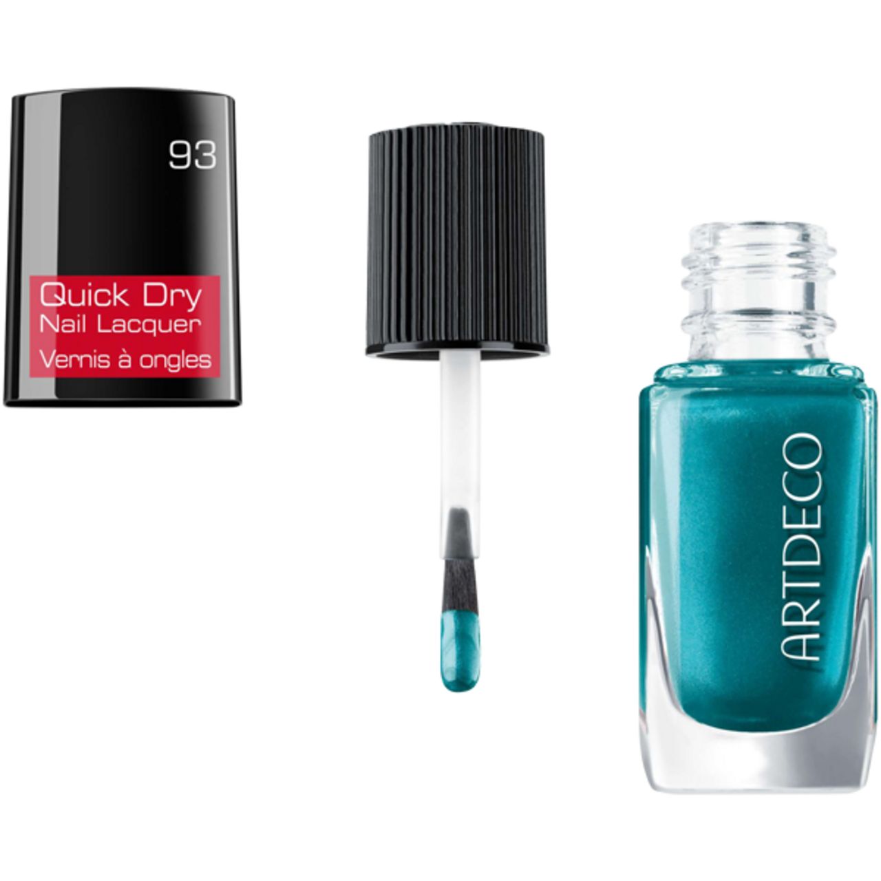 Turquoise nagellak in glazen fles. Zwarte dop, borstel en fles. Rood etiket: Quick Dry Nail Lacquer. Merk: Artdeco. Nummer 93.
