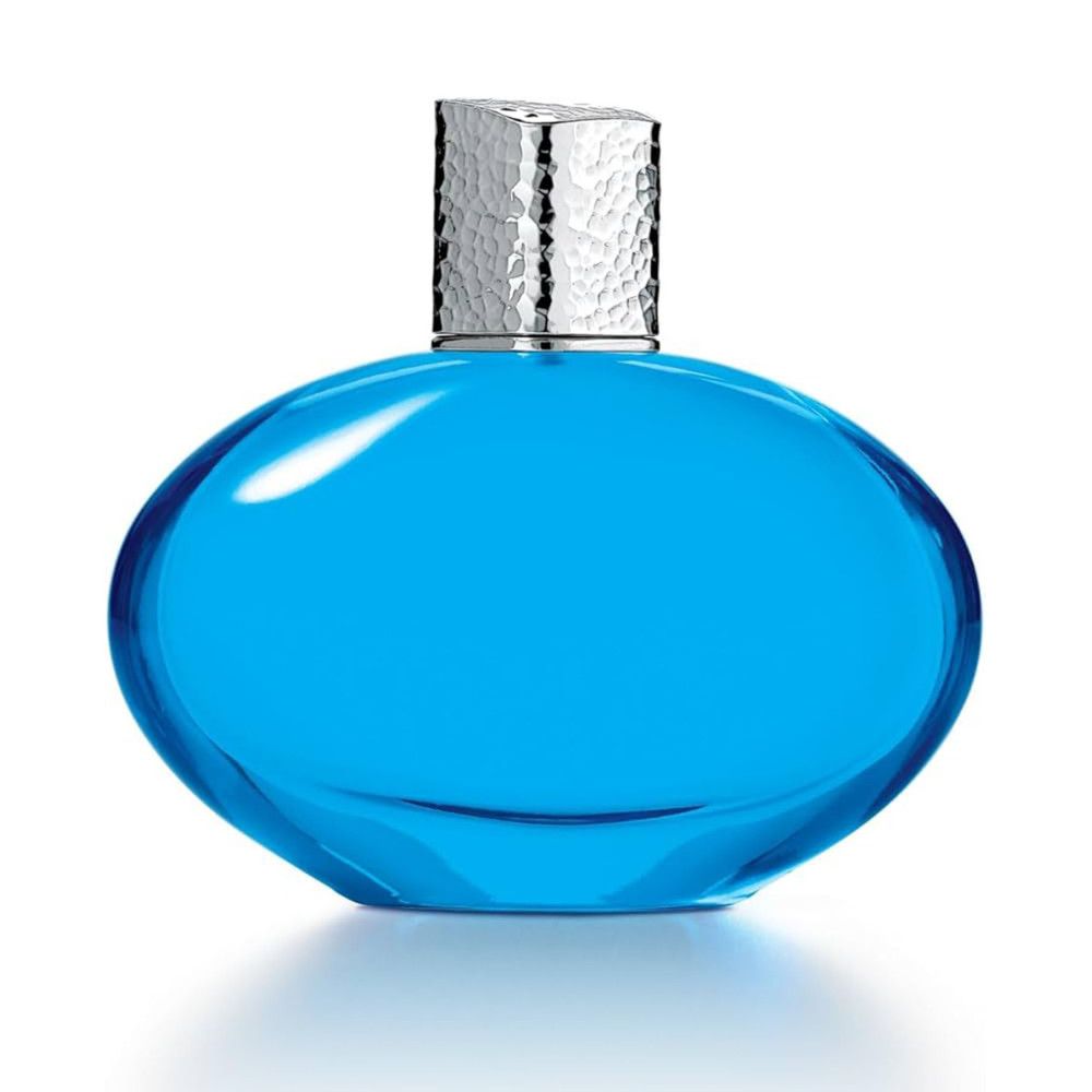 Flacon de parfum bleu avec bouchon argenté. Forme ovale.