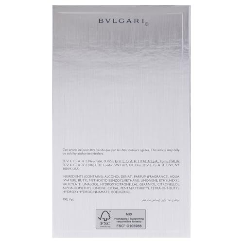 Arrière d'une boîte de parfum BVLGARI avec liste des ingrédients et certification FSC.